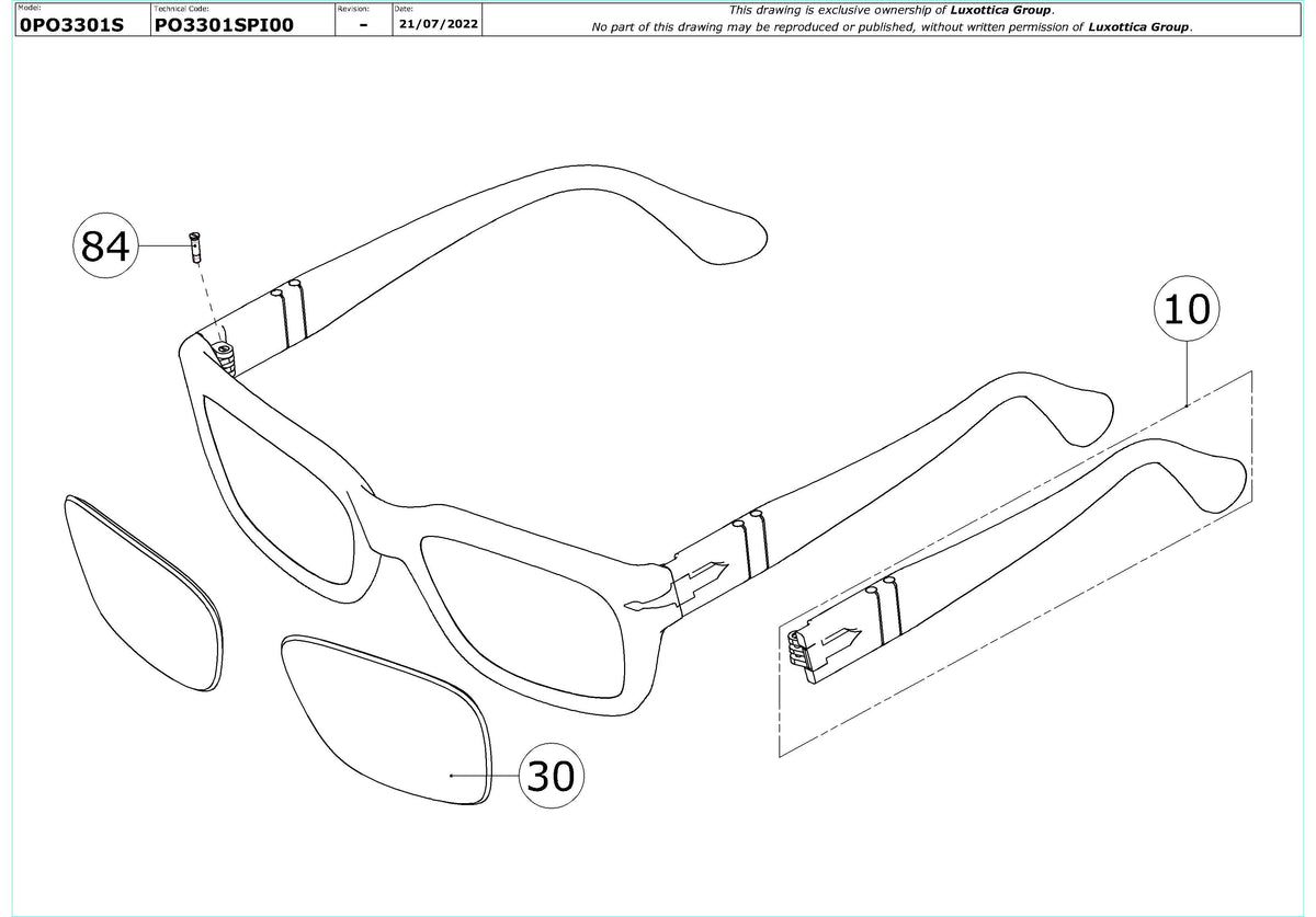 Enlarged technical drawing of the Persol PO3301S Replacement Parts