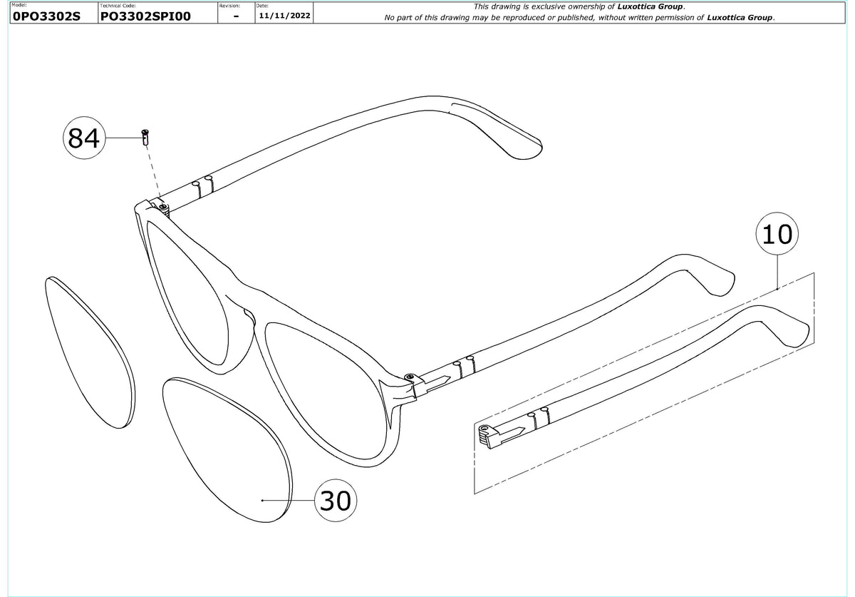 Exploded technical drawing of the Persol PO3302S Replacement Parts, with each replacement part numbered