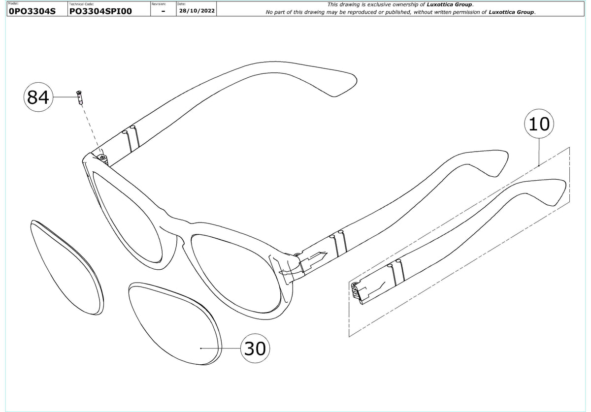 Enlarged technical drawing of the Persol PO3304S Replacement Parts