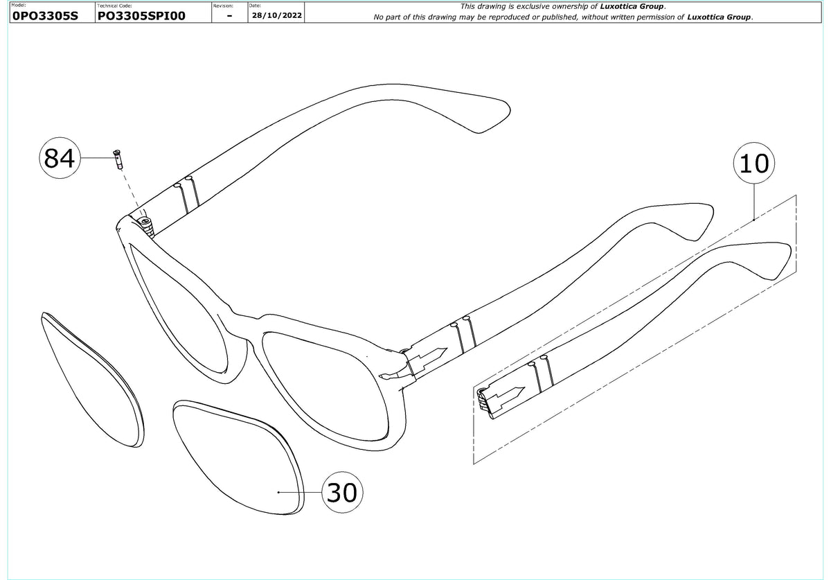 Enlarged technical drawing of the Persol PO3305S Replacement Parts