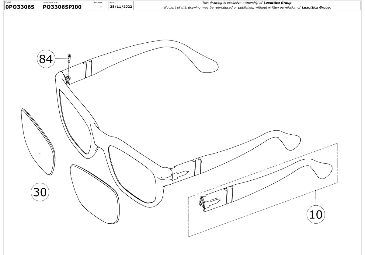 Exploded technical drawing of the Persol PO3306S Replacement Parts, with each replacement part numbered