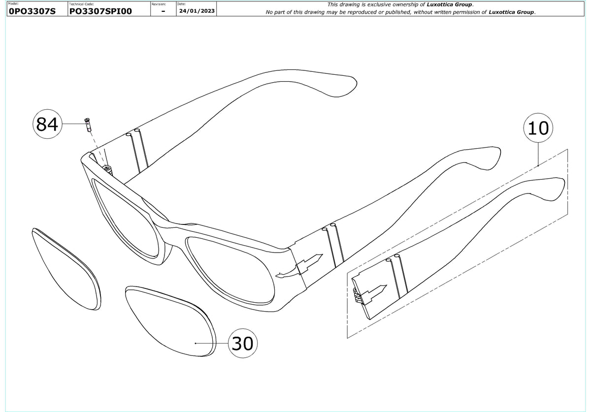 Exploded technical drawing of the Persol PO3307S Replacement Parts, with each replacement part numbered