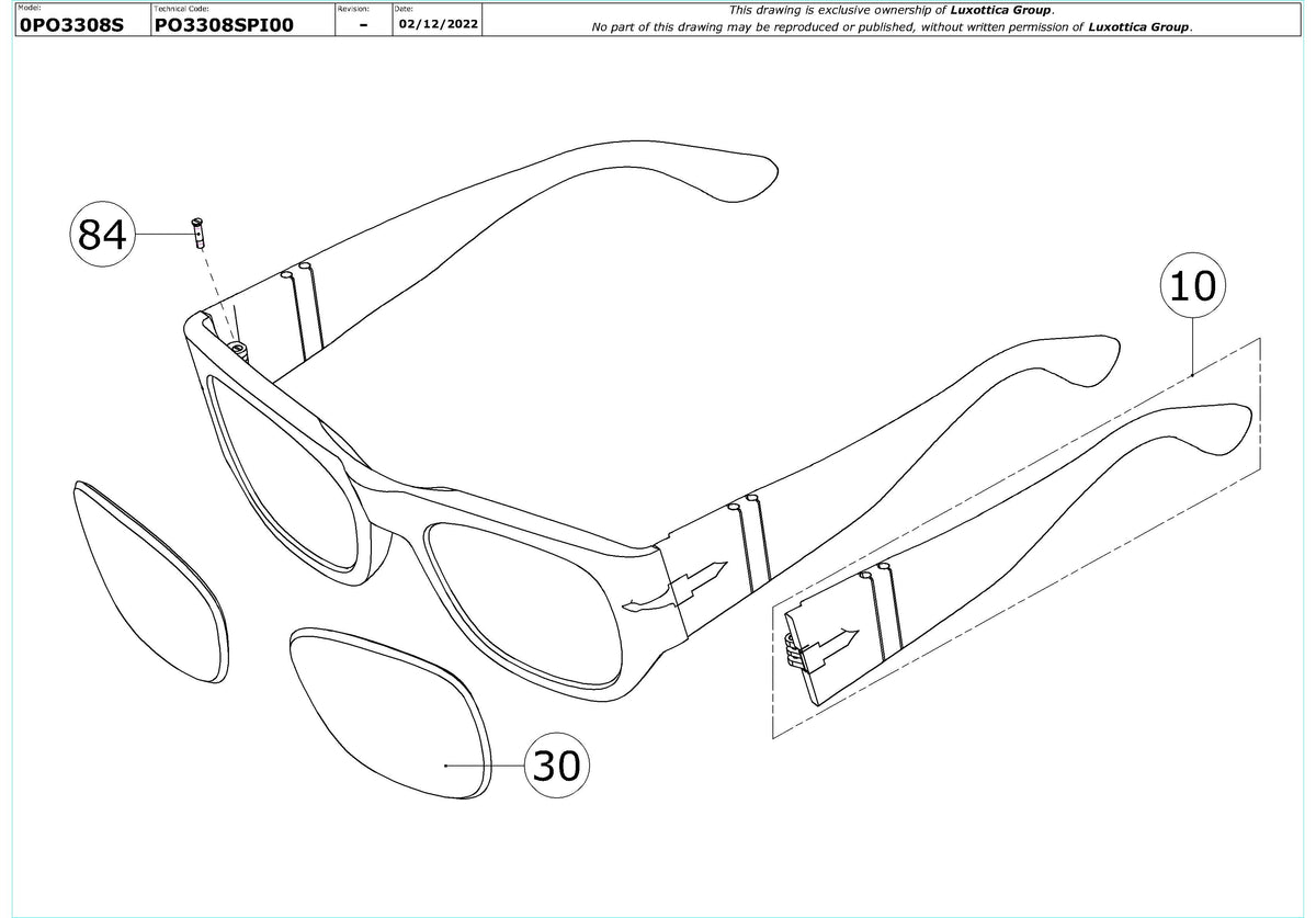 Enlarged technical drawing of the Persol PO3308S Replacement Parts