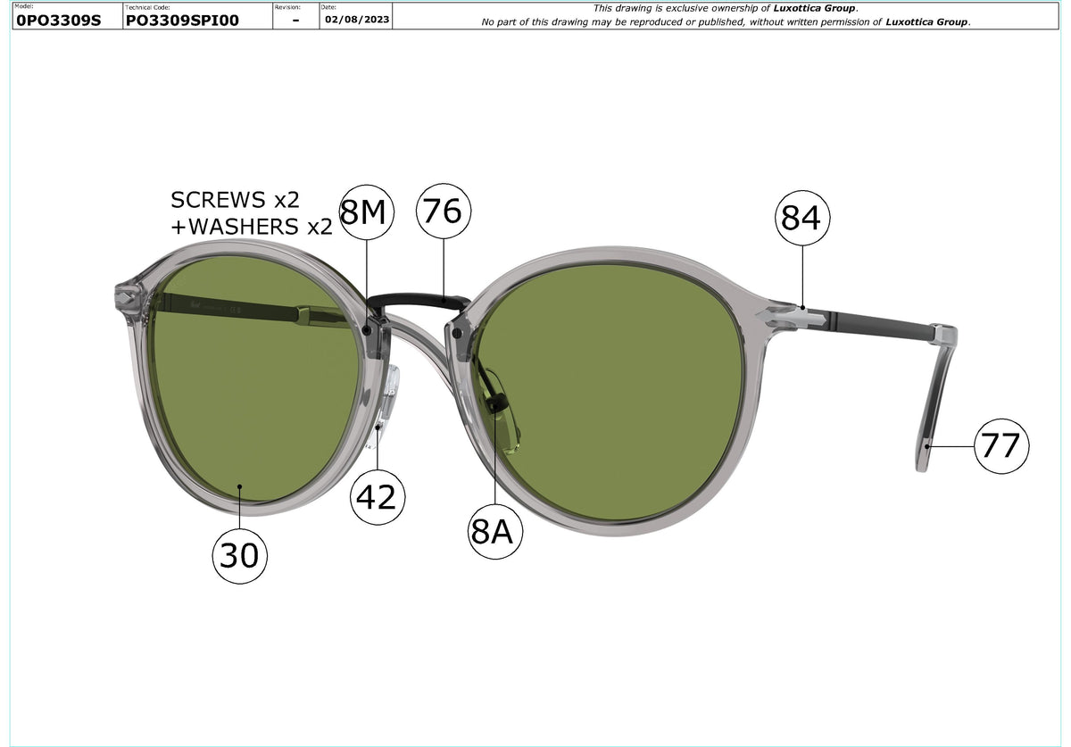 Exploded technical drawing of the Persol PO3309S Replacement Parts, with each replacement part numbered