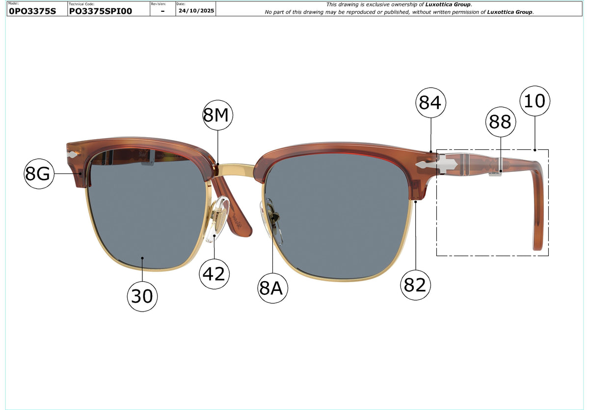 Exploded technical drawing of the Persol PO3375S Replacement Parts, with each replacement part numbered