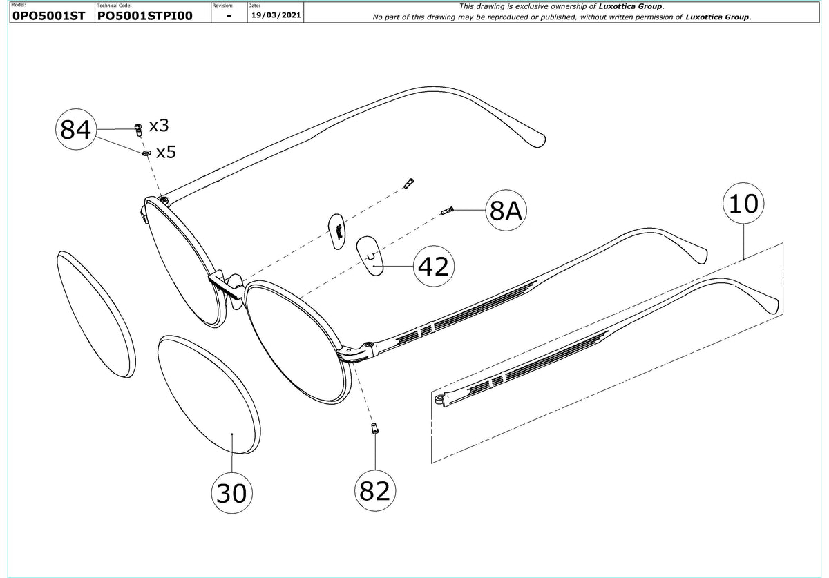 Enlarged technical drawing of the Persol PO5001ST Replacement Parts