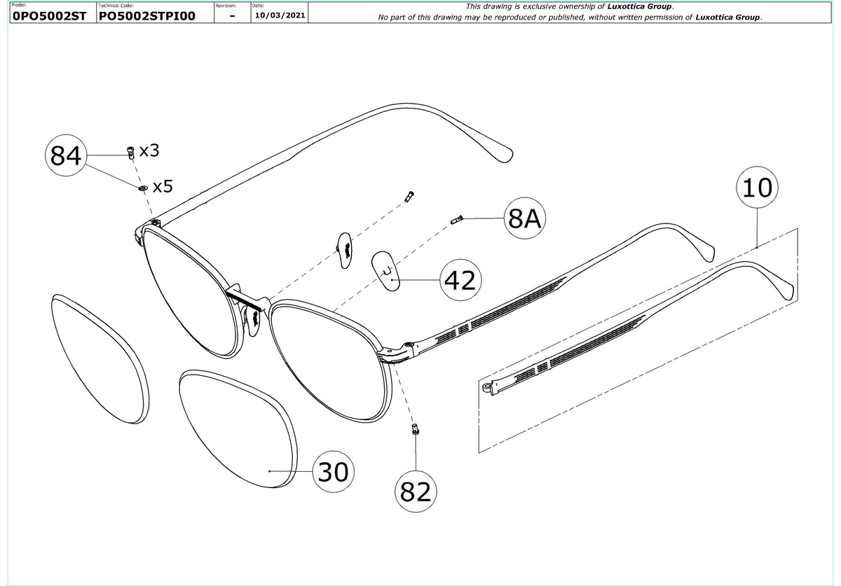 Enlarged technical drawing of the Persol PO5002ST Replacement Parts