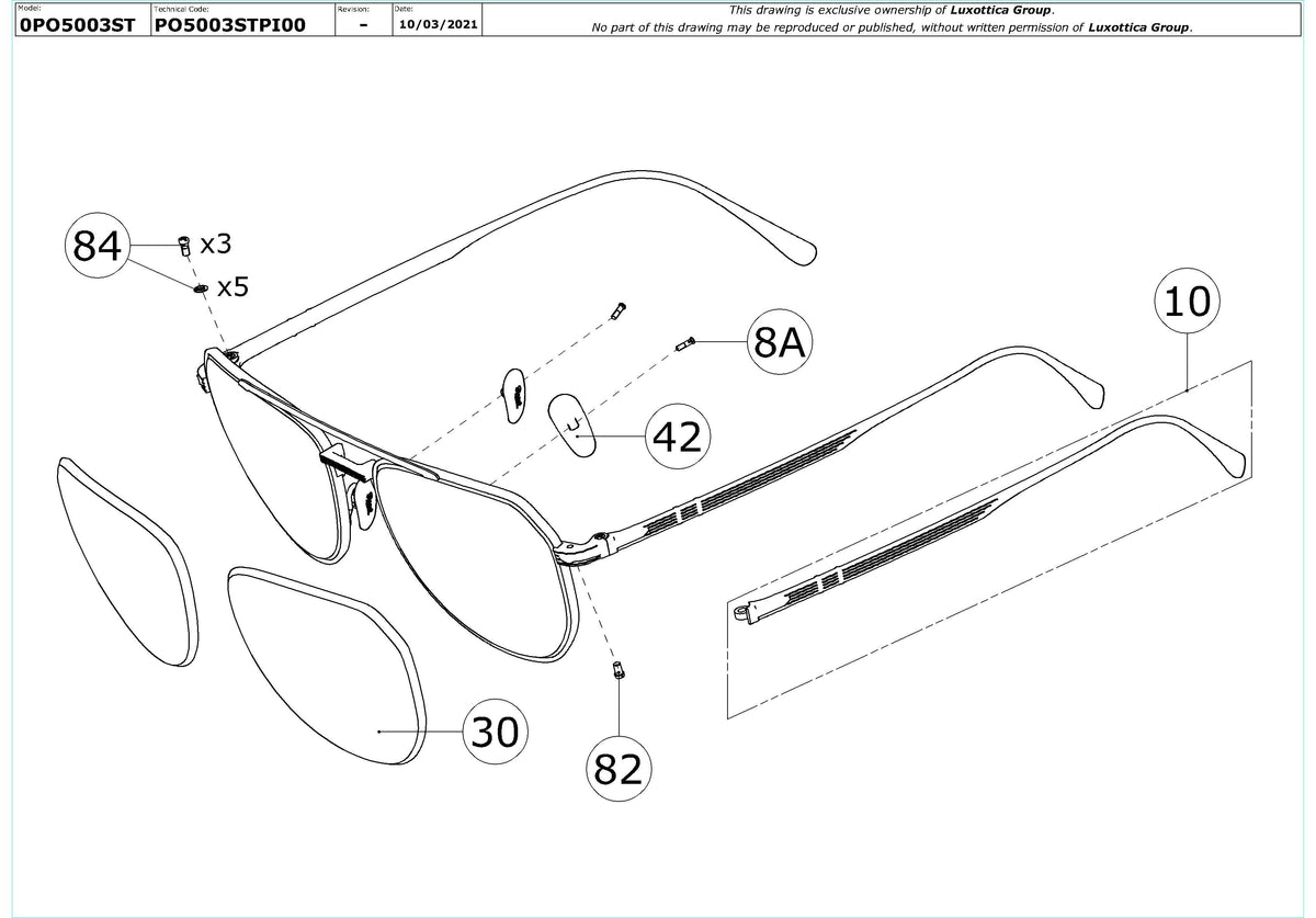 Enlarged technical drawing of the Persol PO5003ST Replacement Parts