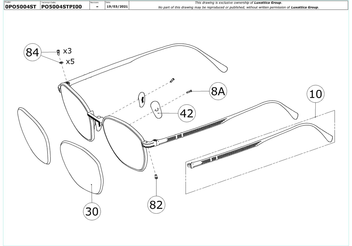 Enlarged technical drawing of the Persol PO5004ST Replacement Parts
