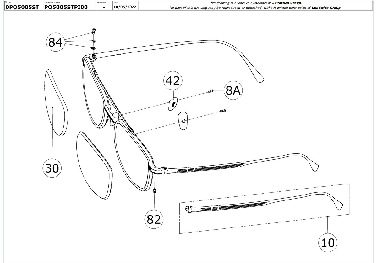 Exploded technical drawing of the Persol PO5005ST Replacement Parts, with each replacement part numbered