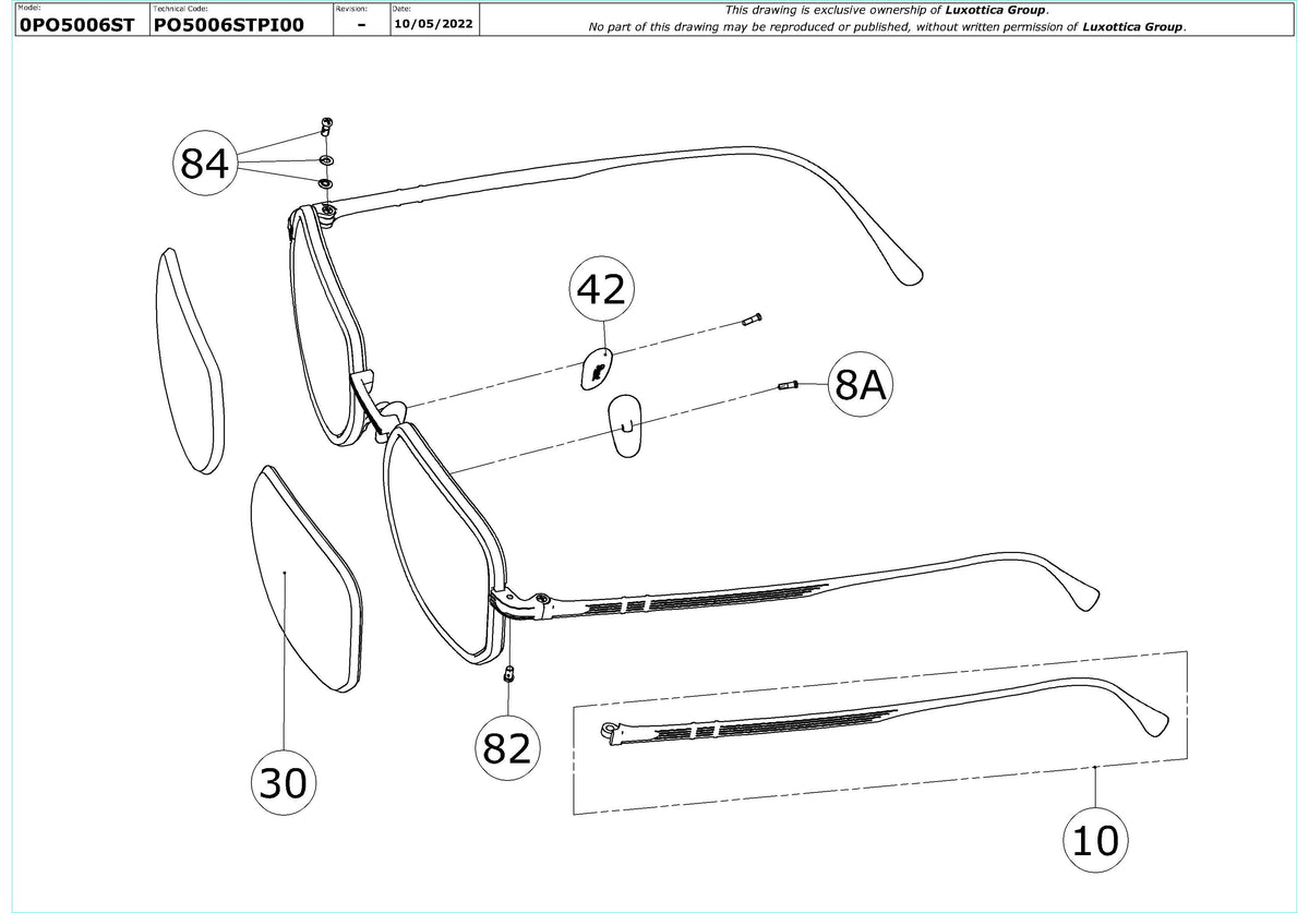 Enlarged technical drawing of the Persol PO5006ST Replacement Parts