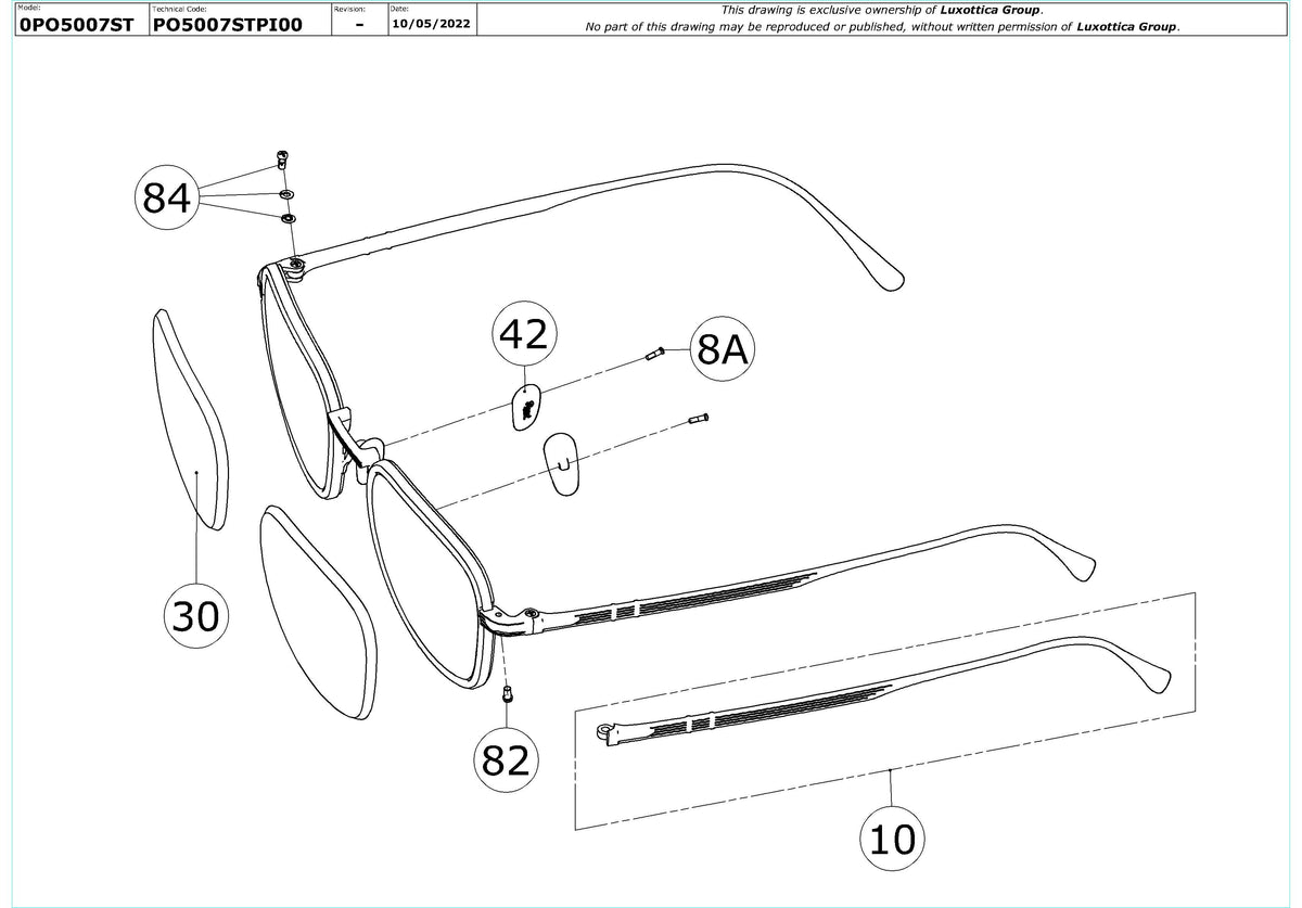 Enlarged technical drawing of the Persol PO5007ST Replacement Parts