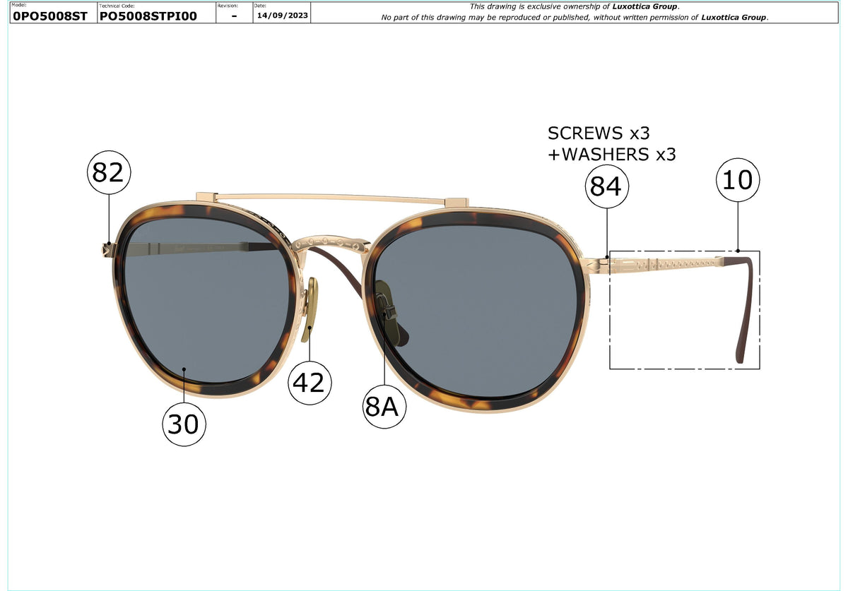 Exploded technical drawing of the Persol PO5008ST Replacement Parts, with each replacement part numbered