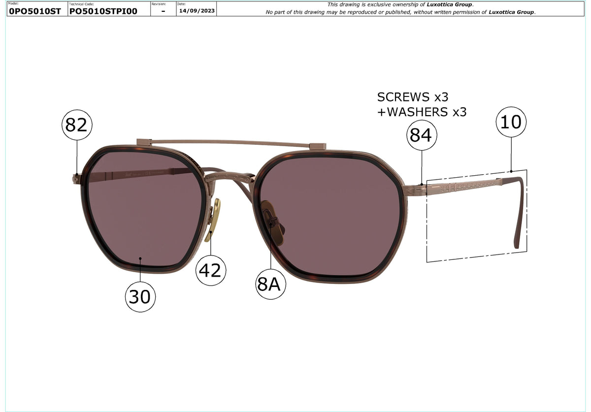 Exploded technical drawing of the Persol PO5010ST Replacement Parts, with each replacement part numbered