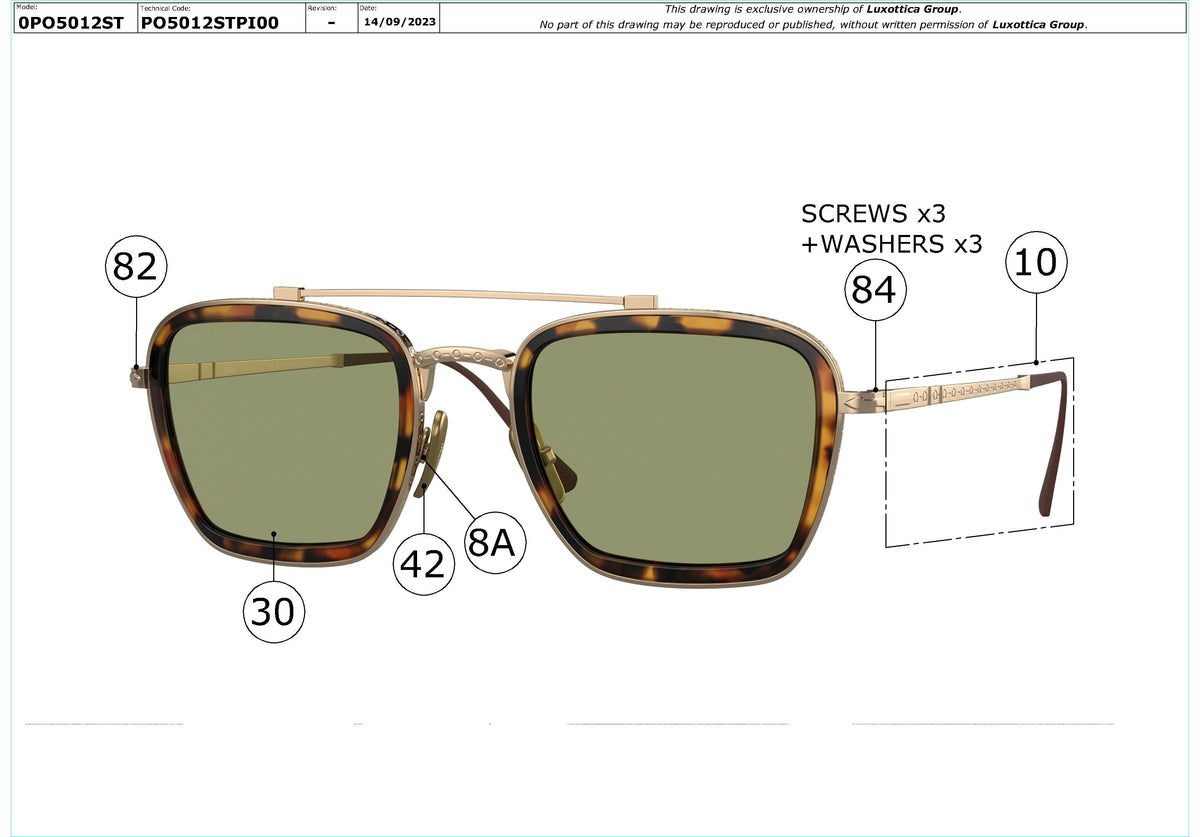 Exploded technical drawing of the Persol PO5012ST Replacement Parts, with each replacement part numbered
