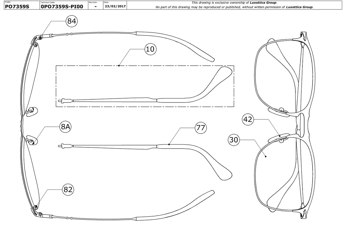 Enlarged technical drawing of the Persol PO7359S Replacement Parts