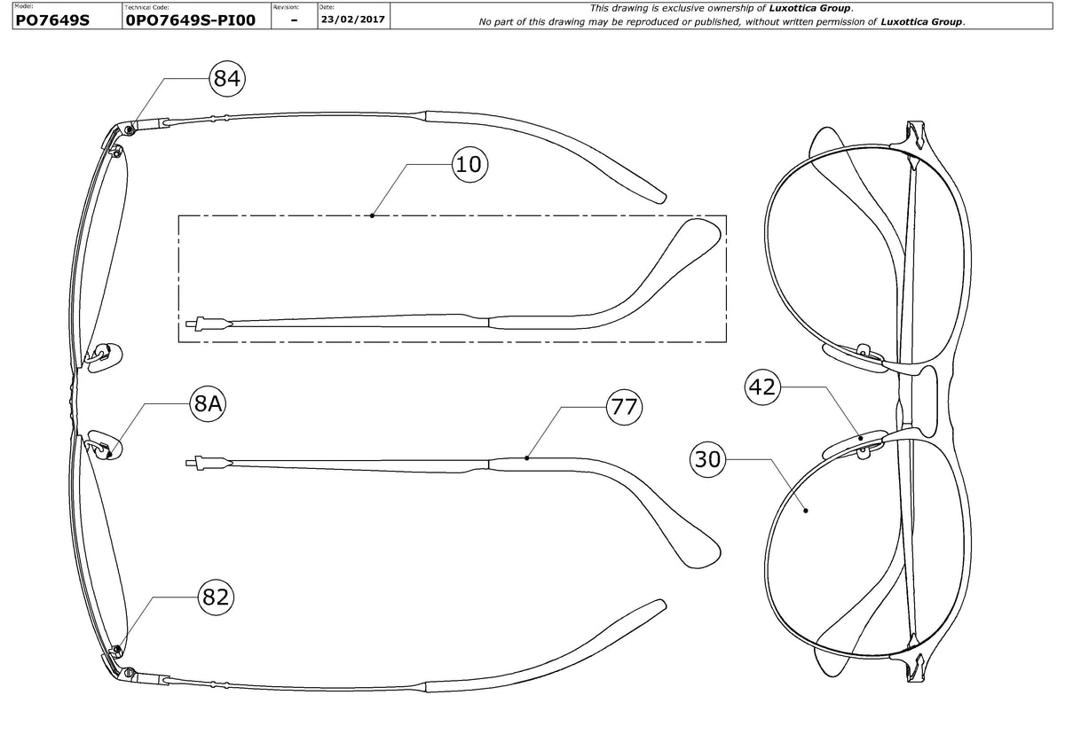Exploded technical drawing of the Persol PO7649S Replacement Parts, with each replacement part numbered