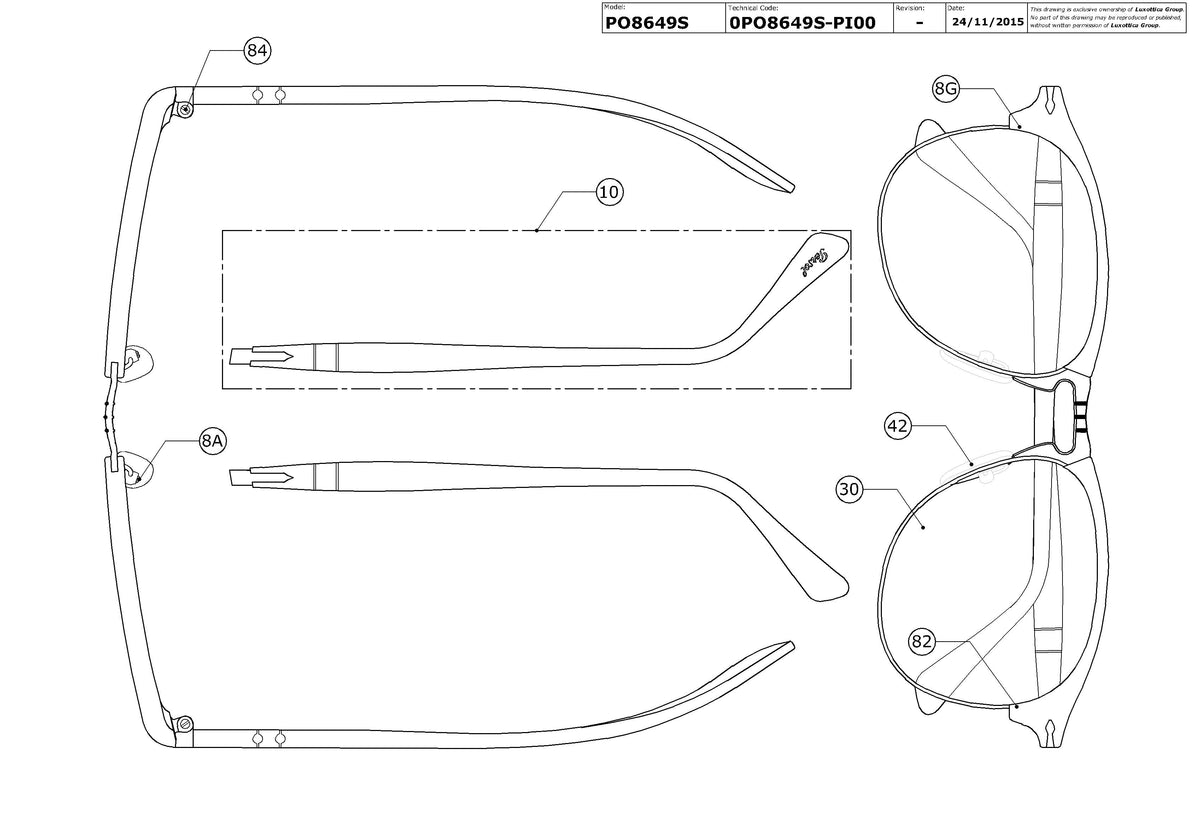 Enlarged technical drawing of the Persol PO8649S Replacement Parts
