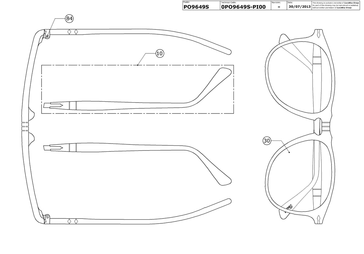 Exploded technical drawing of the Persol PO9649S Replacement Parts, with each replacement part numbered
