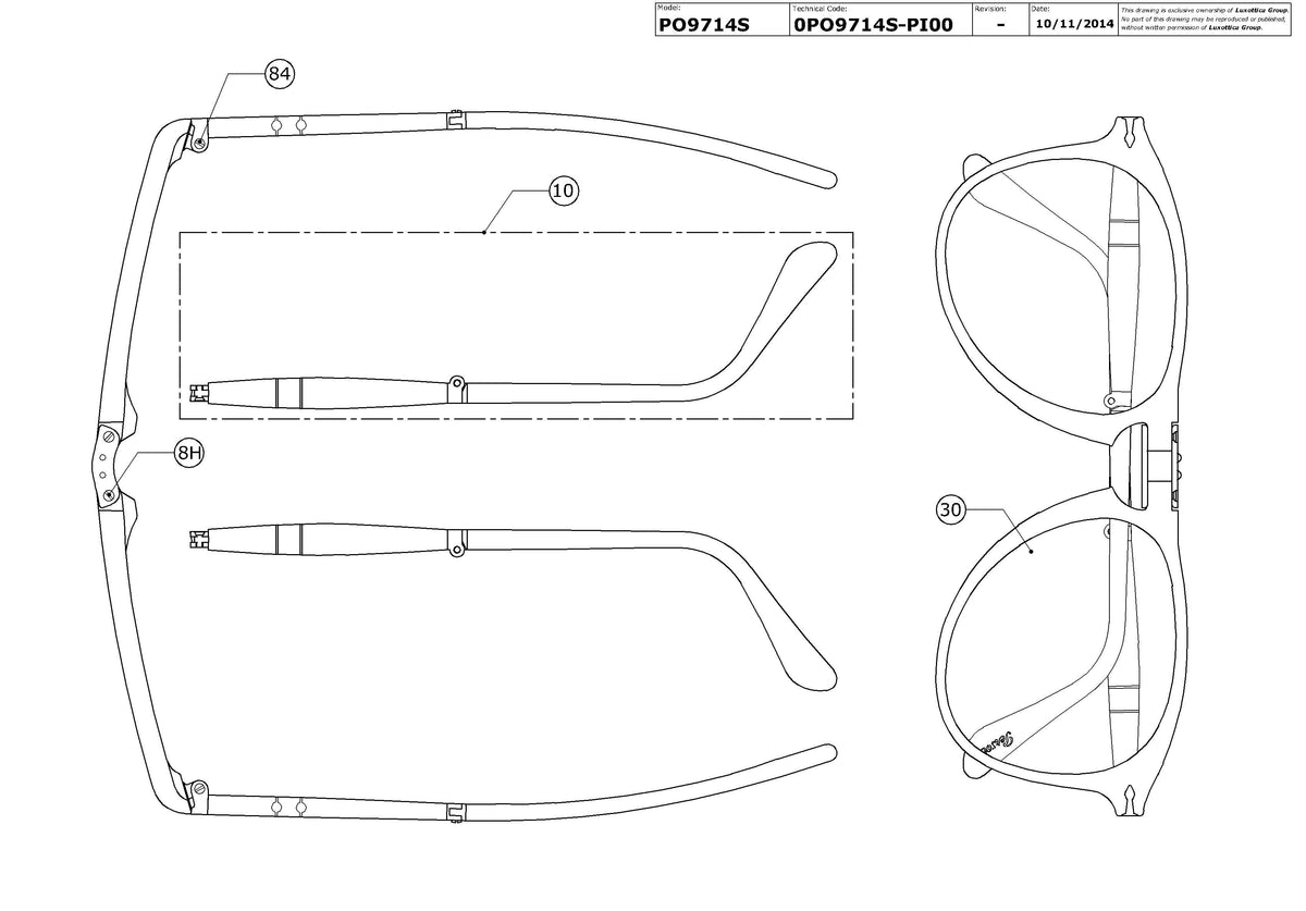 Enlarged technical drawing of the Persol PO9714S Replacement Parts