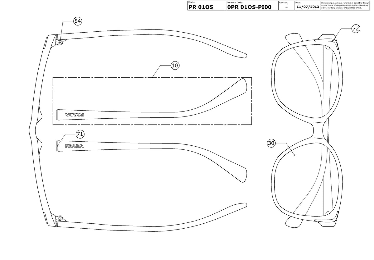 Exploded technical drawing of the Prada PR 01OS Replacement Parts, with each replacement part numbered