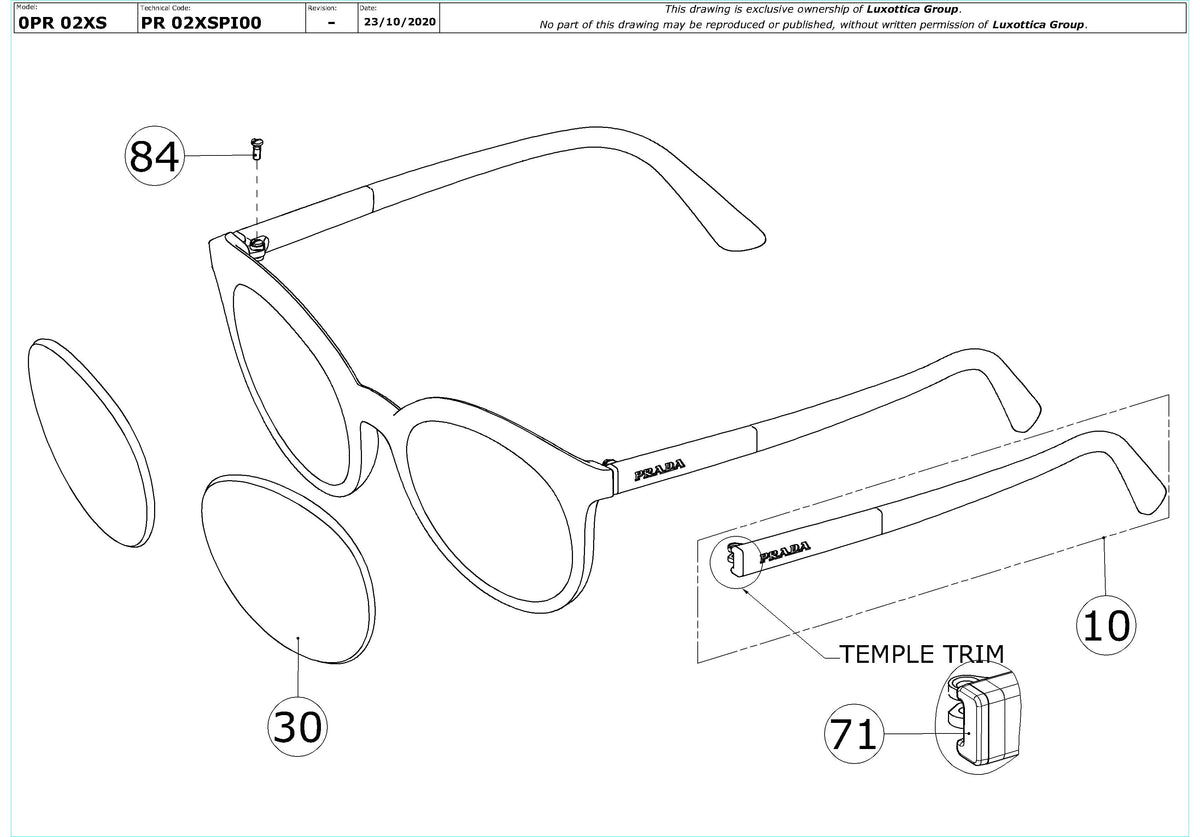 Exploded technical drawing of the Prada PR 02XS Replacement Parts, with each replacement part numbered