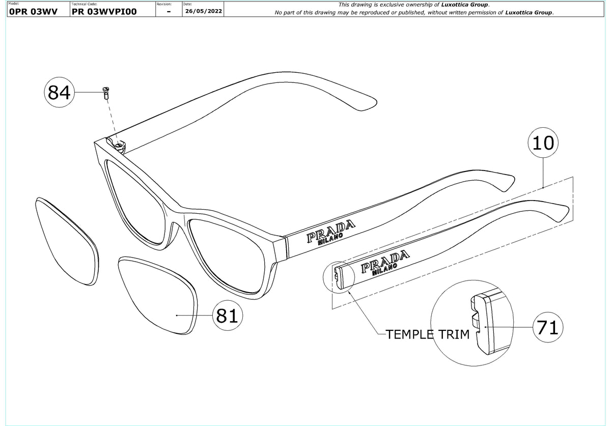 Exploded technical drawing of the Prada PR 03WV Glasses Replacement Parts, with each replacement part numbered