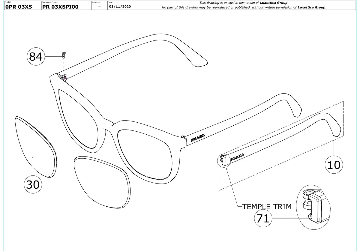 Enlarged technical drawing of the Prada PR 03XS Replacement Parts