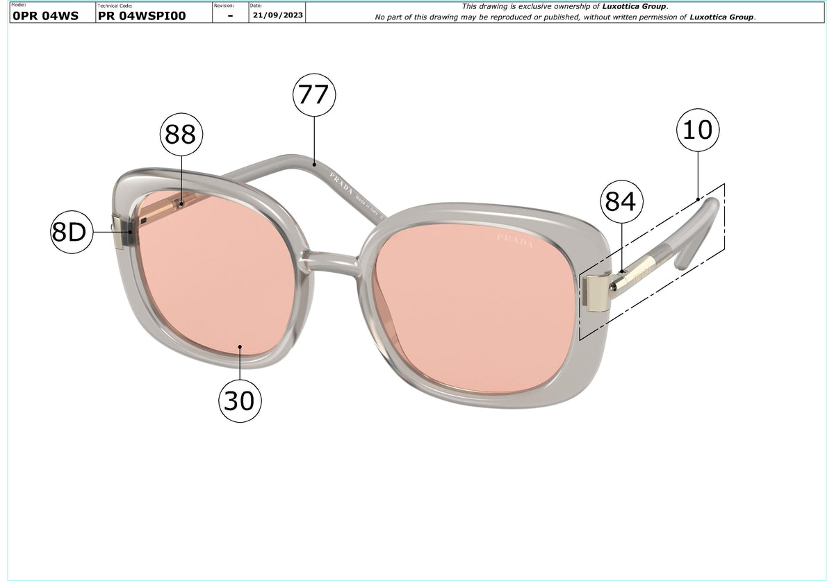 Enlarged technical drawing of the Prada PR 04WS Replacement Parts