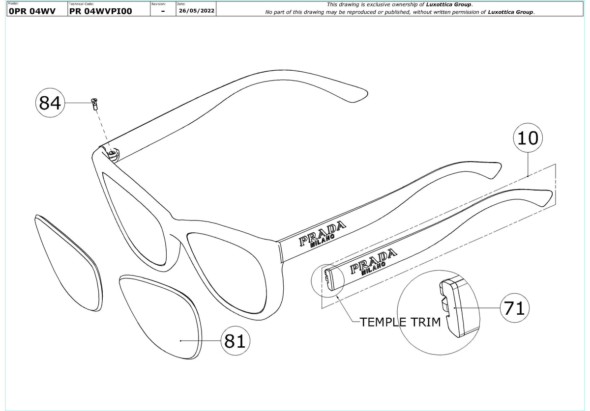 Enlarged technical drawing of the Prada PR 04WV Glasses Replacement Parts