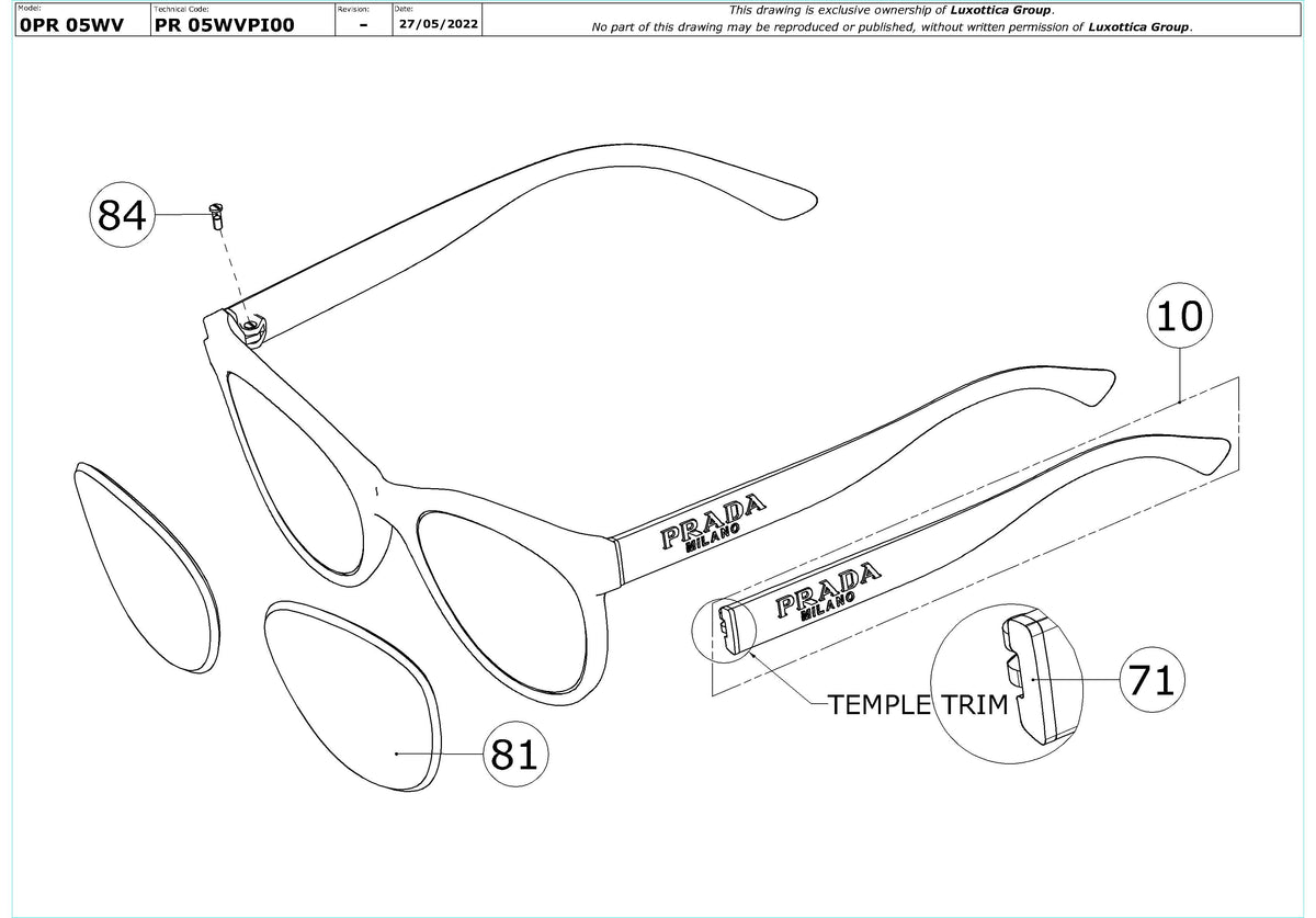 Exploded technical drawing of the Prada PR 05WV Glasses Replacement Parts, with each replacement part numbered