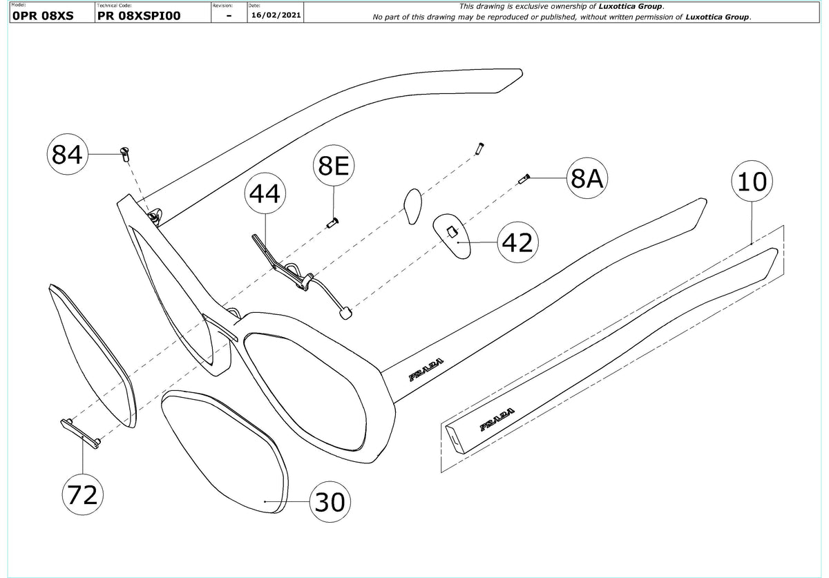 Exploded technical drawing of the Prada PR 08XS Replacement Parts, with each replacement part numbered