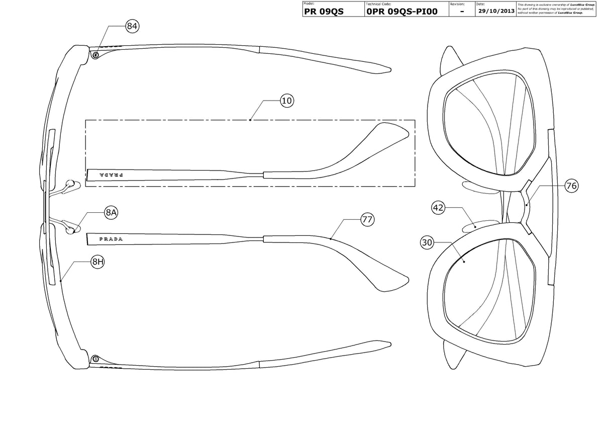 Exploded technical drawing of the Prada PR 09QS Replacement Parts, with each replacement part numbered