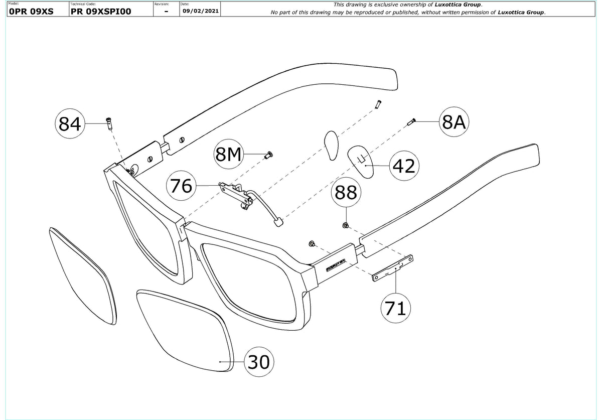 Exploded technical drawing of the Prada PR 09XS Replacement Parts, with each replacement part numbered