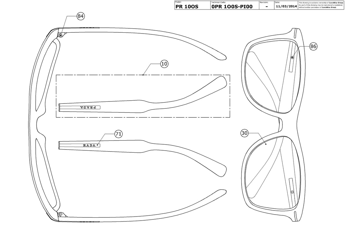 Enlarged technical drawing of the Prada PR 10OS Replacement Parts