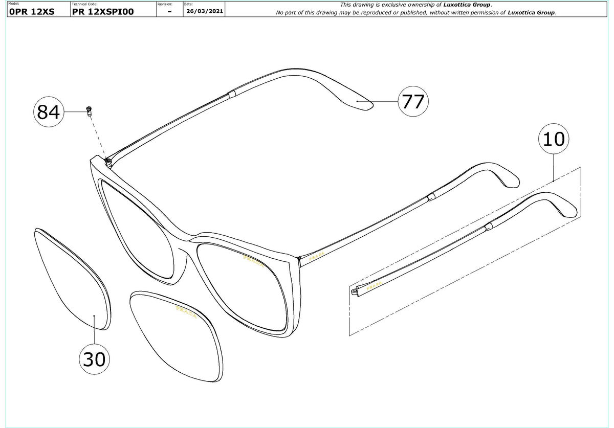 Exploded technical drawing of the Prada PR 12XS Replacement Parts, with each replacement part numbered