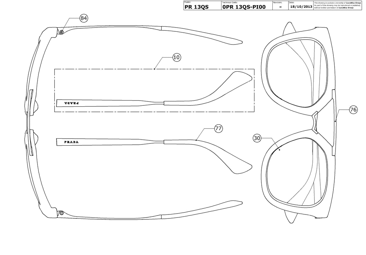 Enlarged technical drawing of the Prada PR 13QS Replacement Parts