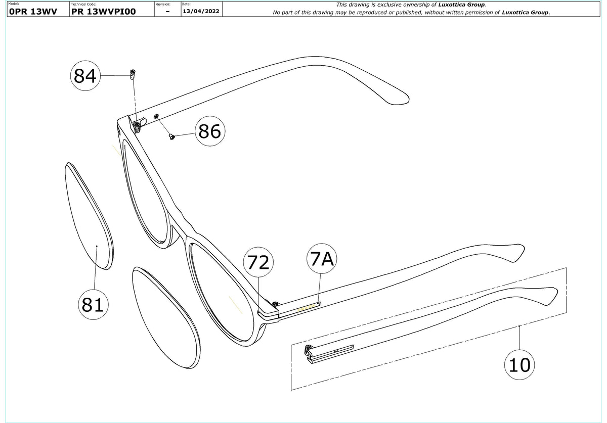 Exploded technical drawing of the Prada PR 13WV Glasses Replacement Parts, with each replacement part numbered