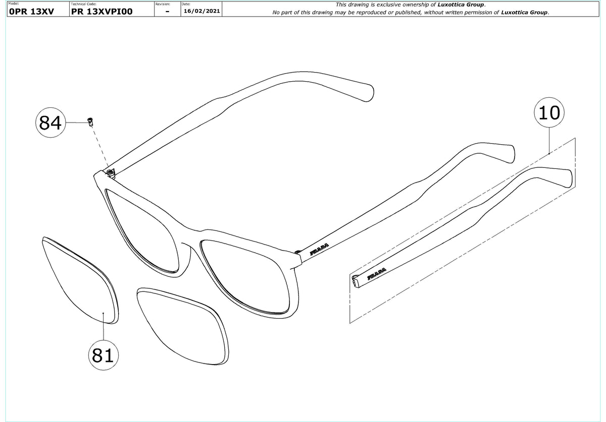 Enlarged technical drawing of the Prada PR 13XV Glasses Replacement Parts