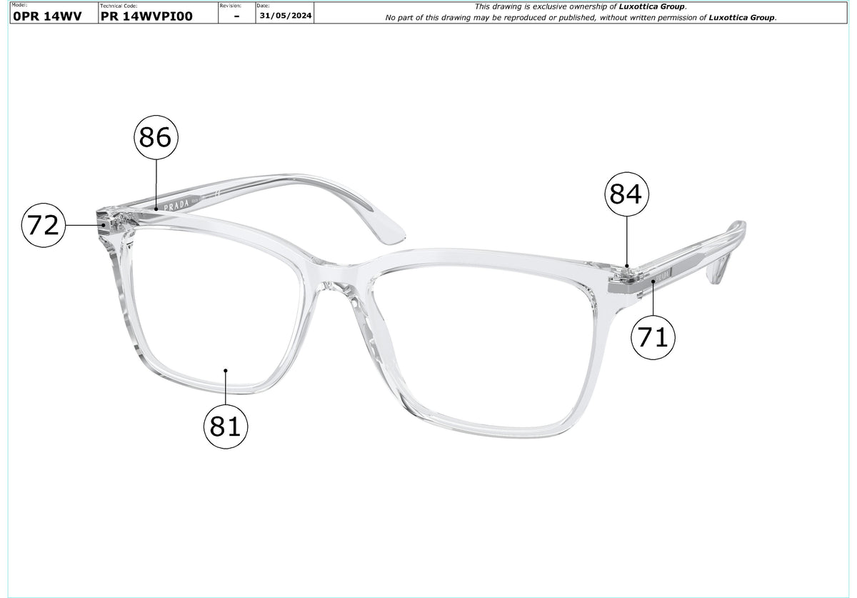 Exploded technical drawing of the Prada PR 14WV Glasses Replacement Parts, with each replacement part numbered