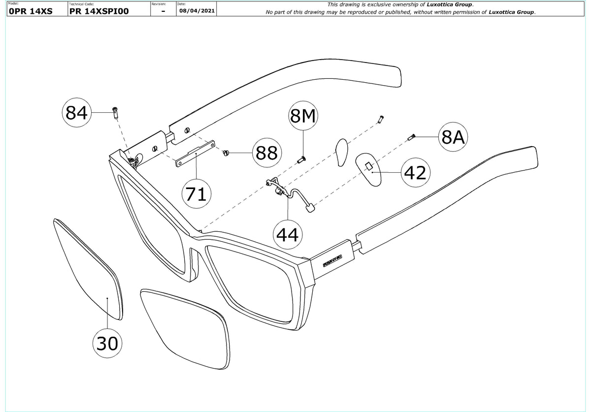 Exploded technical drawing of the Prada PR 14XS Replacement Parts, with each replacement part numbered