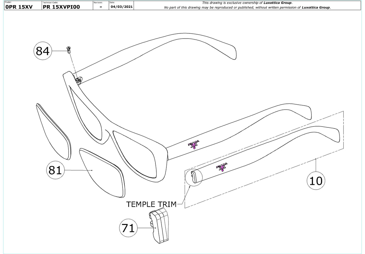 Enlarged technical drawing of the Prada PR 15XV Glasses Replacement Parts