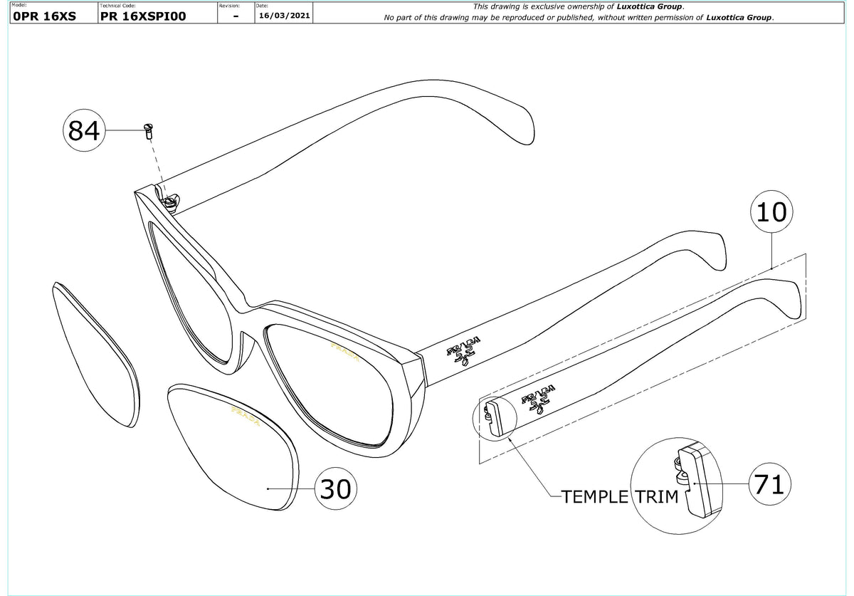 Enlarged technical drawing of the Prada PR 16XS Replacement Parts