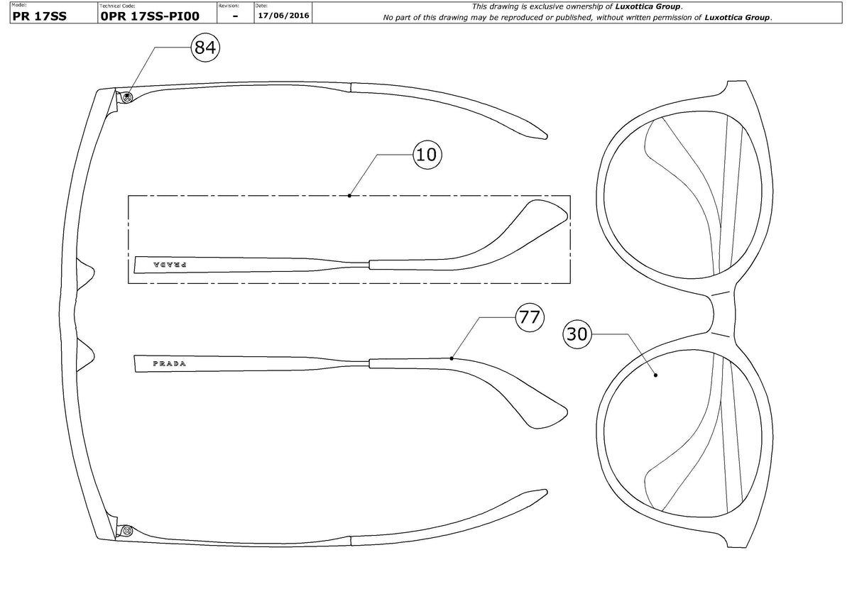 Exploded technical drawing of the Prada PR 17SS Replacement Parts, with each replacement part numbered