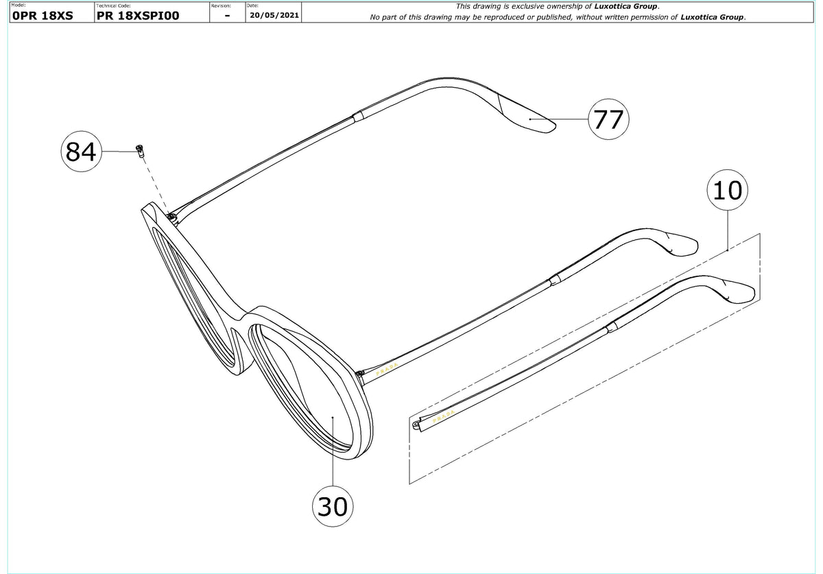 Enlarged technical drawing of the Prada PR 18XS Replacement Parts