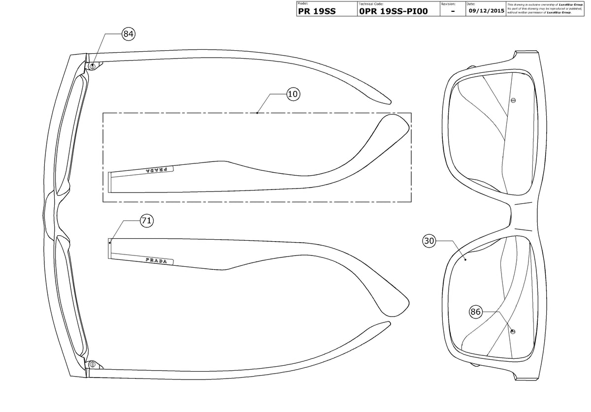 Exploded technical drawing of the Prada PR 19SS Replacement Parts, with each replacement part numbered