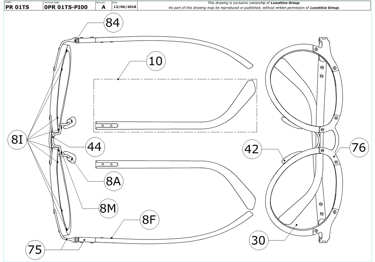 Exploded technical drawing of the Prada PR 01TS Replacement Parts, with each replacement part numbered