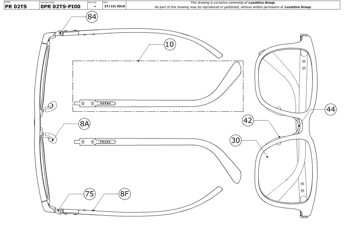 Exploded technical drawing of the Prada PR 02TS Replacement Parts, with each replacement part numbered