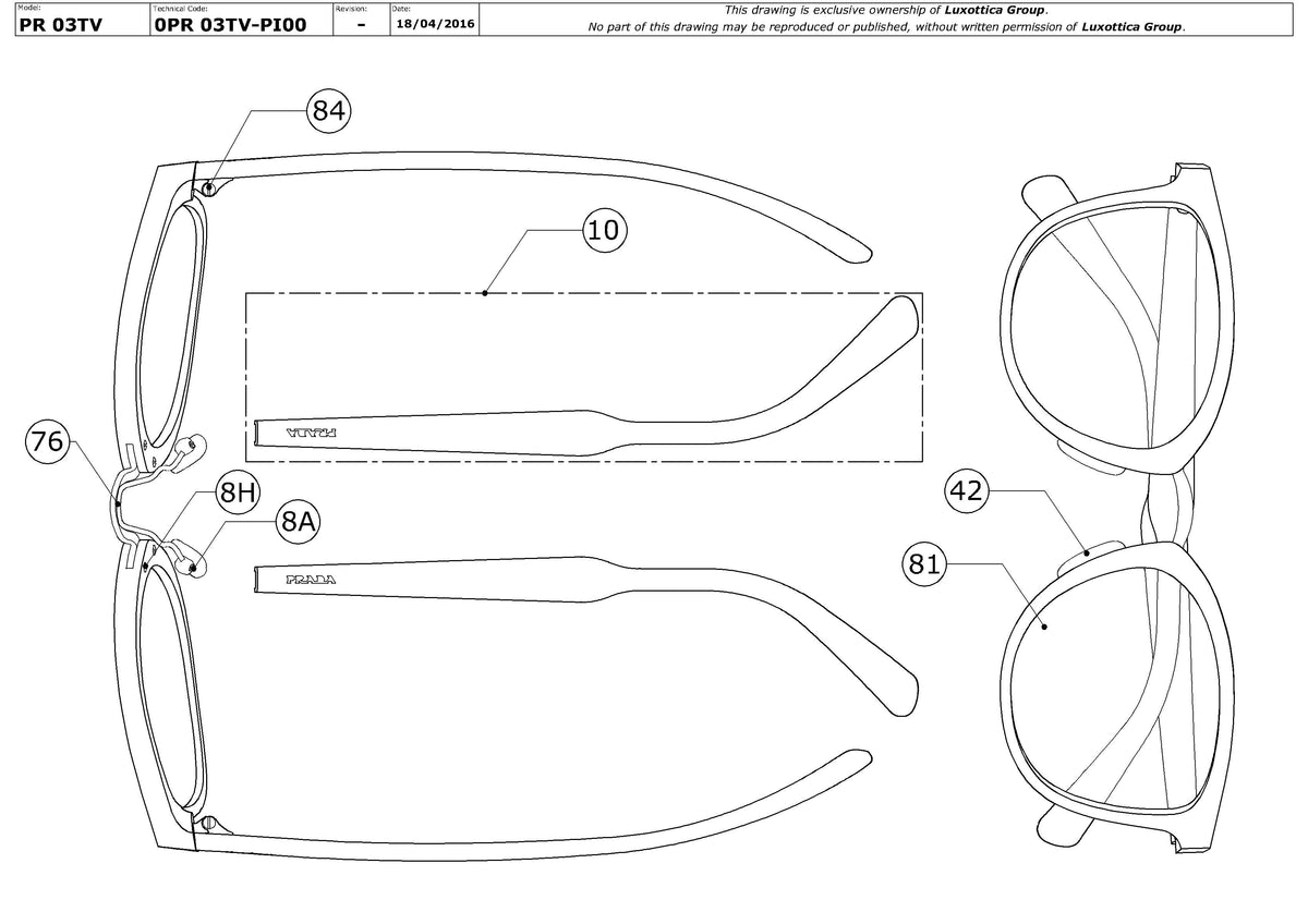 Exploded technical drawing of the Prada PR 03TV Glasses Replacement Parts, with each replacement part numbered