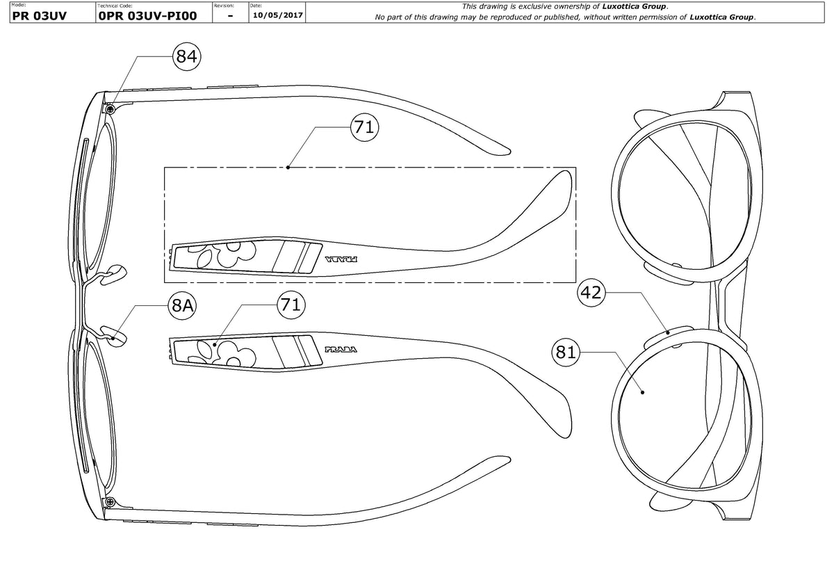 Exploded technical drawing of the Prada PR 03UV Glasses Replacement Parts, with each replacement part numbered